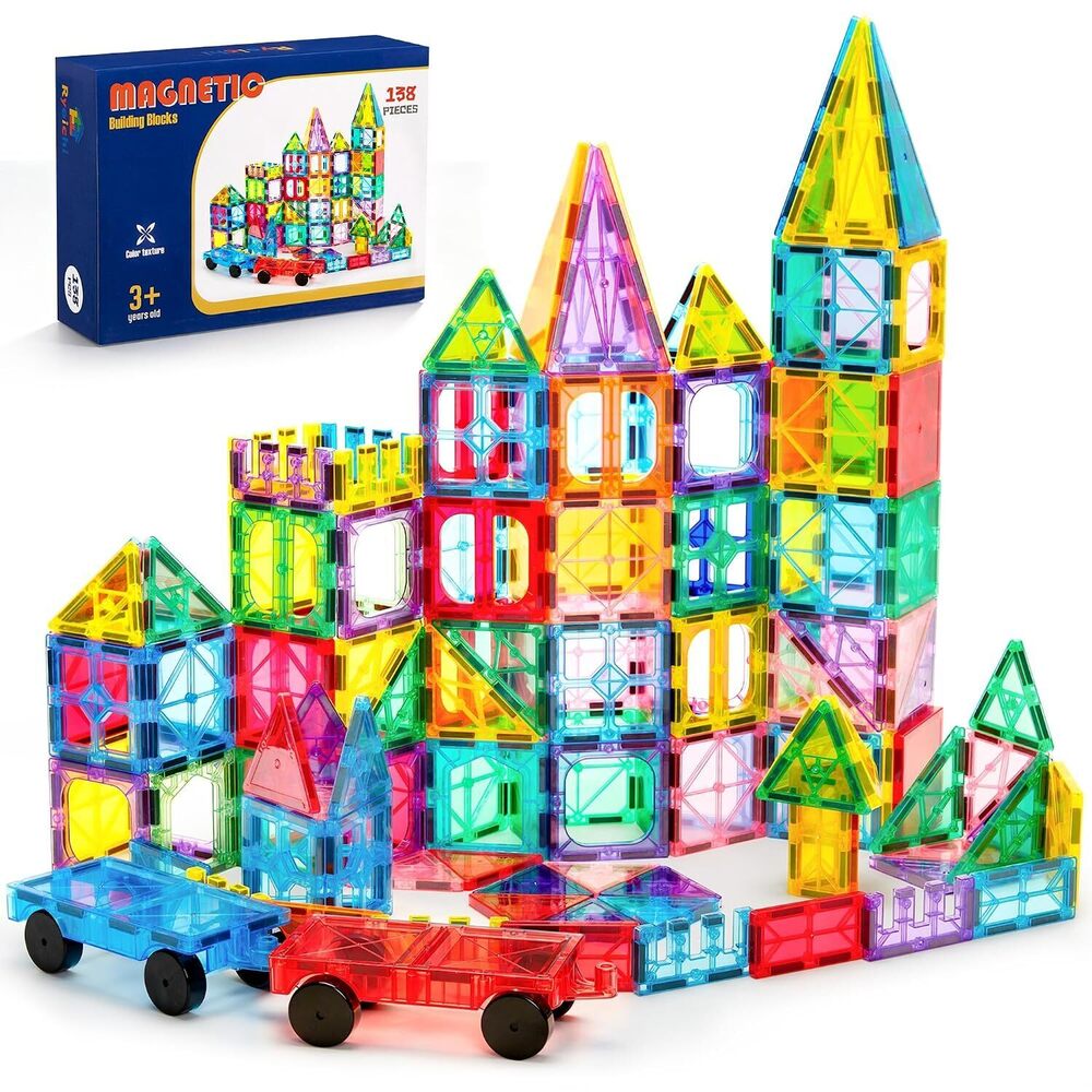 138PCS Magnetic Tiles Set with 2 Cars, STEM Educational Construction